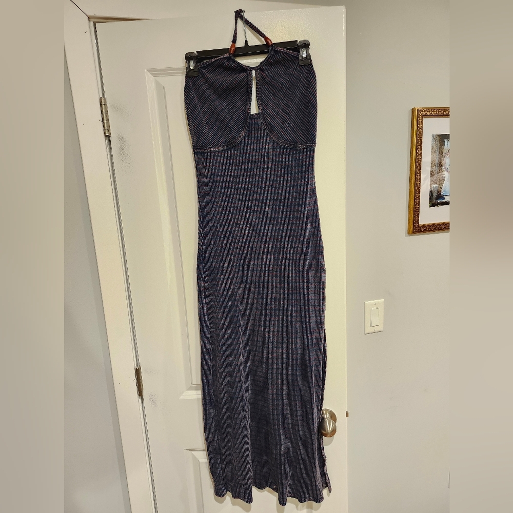 Free People Bodycon Striped Blue Gray And Red Maxi Dress Size Large